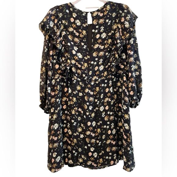 Sanctuary Black Floral Ruffle Long Sleeve Mini Dress Fully Lined Size Medium - Picture 5 of 7
